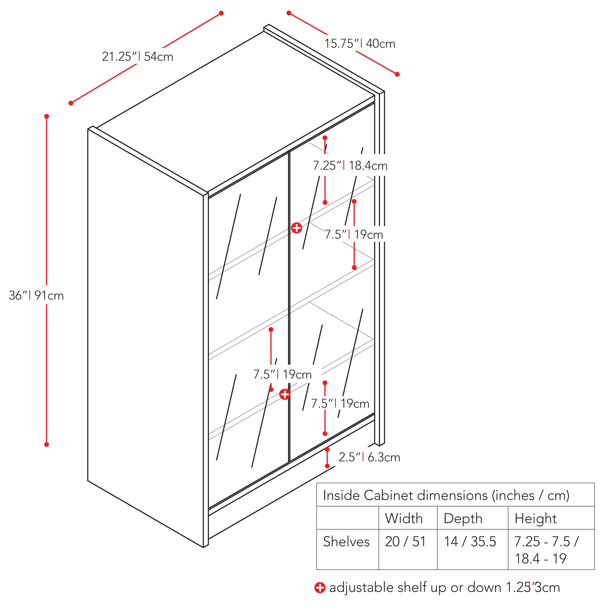 Inside Cabinet dimensions (inches / cm):
- Width: 20/51 inches (51 cm)
- Depth: 14/35.5 inches (35.5 cm)
- Height: 7.25 inches (18.4 cm)
- Shelves: 20/51 inches (51 cm)
- Adjustable shelf up or down: 1.25 inches (3.2 cm)