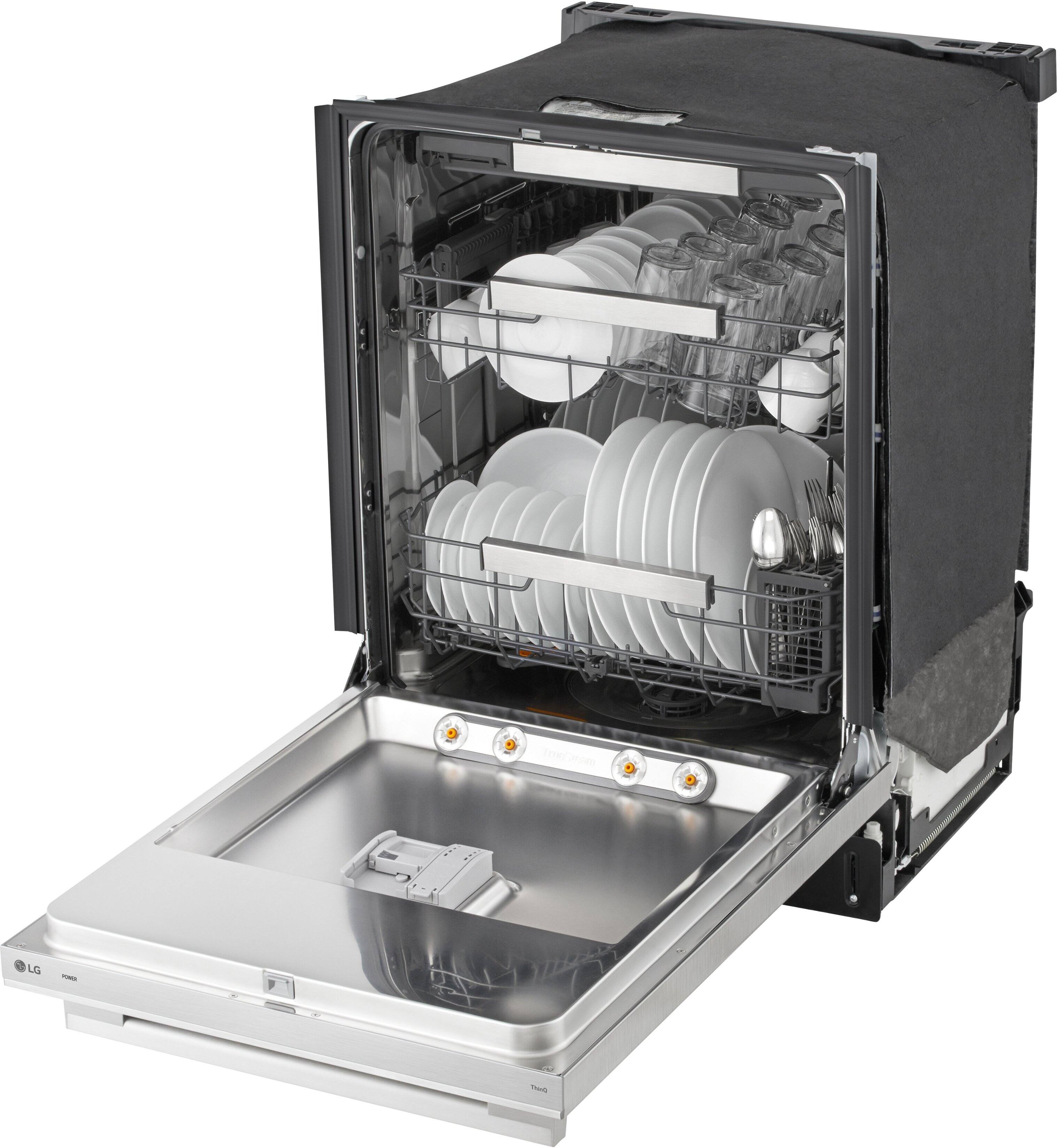 The image shows a stainless steel LG dishwasher with its door open, revealing multiple racks filled with clean dishes, including plates, glasses, and cutlery.