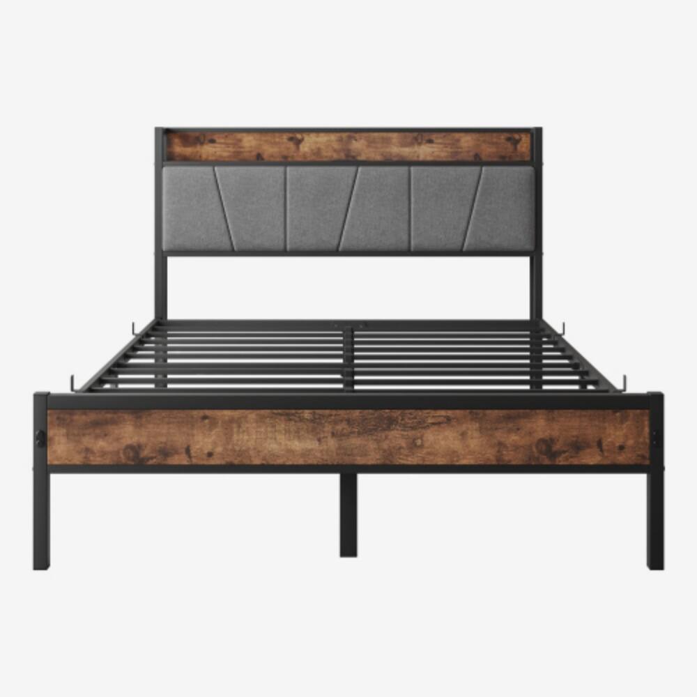 Alt View 1. LUCKY ONE - Full Size Bed Frame with Storage Headboard, USB Charging Station, Upholstered Design, Metal Slats, No Box Spring Needed - Black.