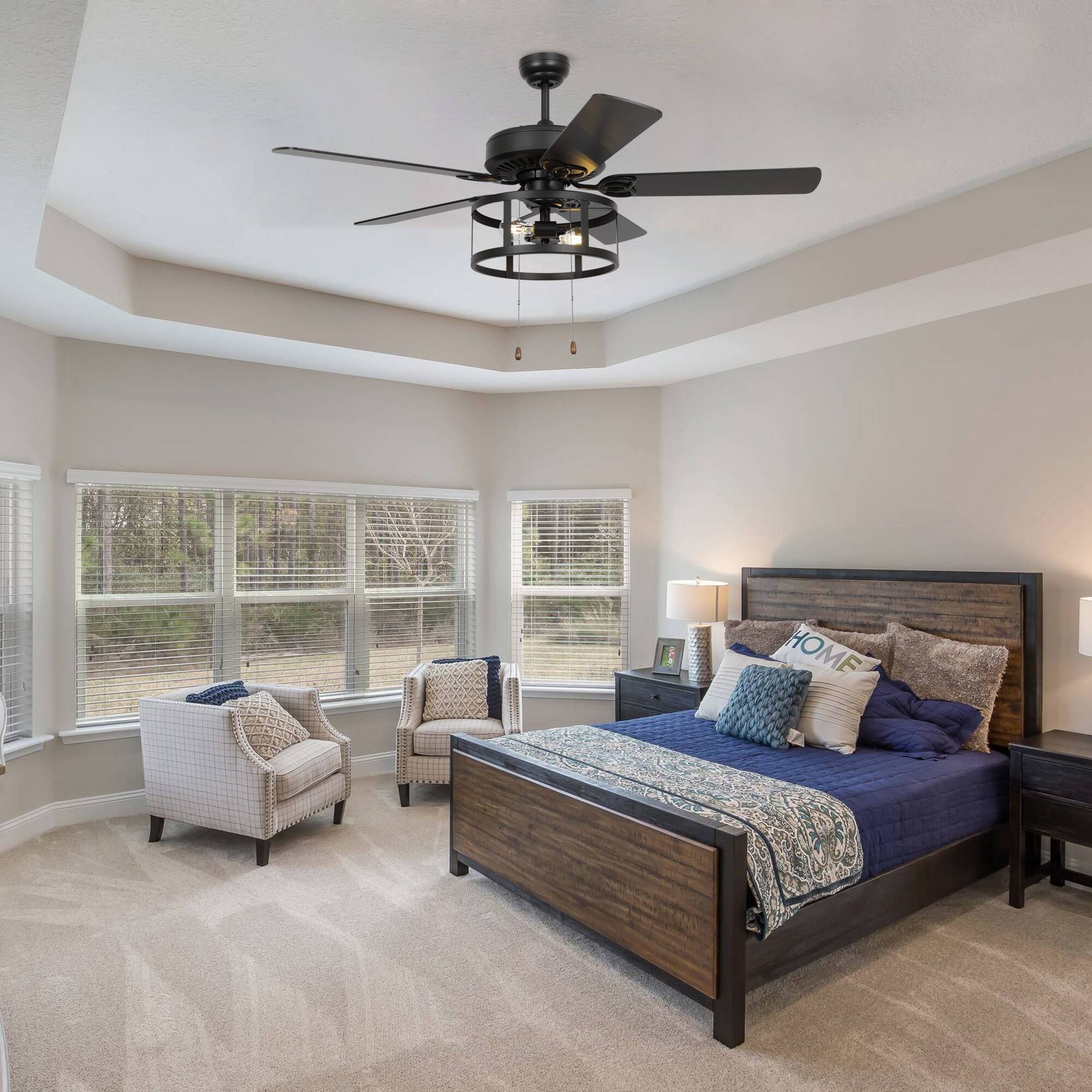 Left. Parrot Uncle - 52" Industrial 2-Light Blacke Ceiling Fan with Pull Chain Control - Black.