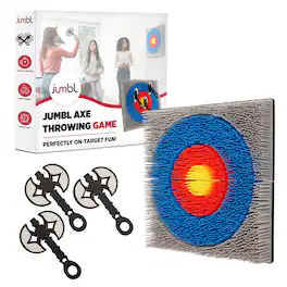 Jumbl - Wall-Mounted Axe Throwing Game, Indoor Foam Axe Set with Bristle Target & Mount Kit - Multi-color