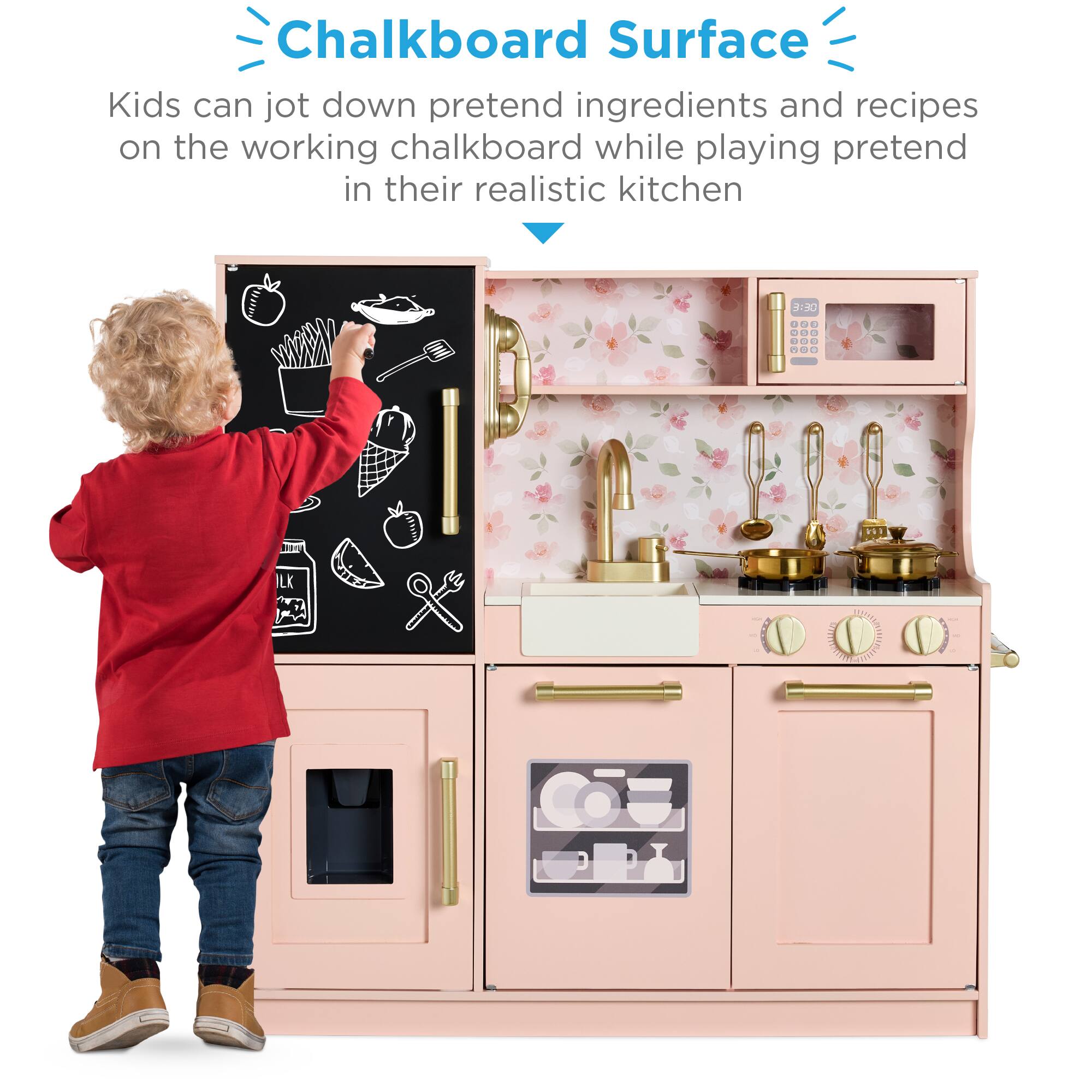 Chalkboard Surface  
Kids can jot down pretend ingredients and recipes on the working chalkboard while playing pretend in their realistic kitchen