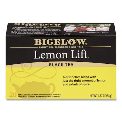 BIGELOW
FAMILY TEA BLENDERS SINCE 1945
Lemon Lift
BLACK TEA
A distinctive blend with just the right amount of lemon and a dash of spice
20 TEA BAGS INDIVIDUALLY WRAPPED IN FOIL POUCHES.
FRESHNESS STAYS IN. AIR AND MOISTURE STAY OUT.
NET WT 1.37 OZ (38 g)
#TeaProudly
UNCOMPROMISED QUALITY
SL California
We contribute to a better world by sourcing ingredients that are sustainably grown and harvested. We are committed to reducing our environmental impact and supporting local communities.
Since 1945, we have been blending our teas with the highest quality ingredients and a dash of spice. Our family has been growing lemons in California for generations.
NET WT 1.37 OZ (38 g)