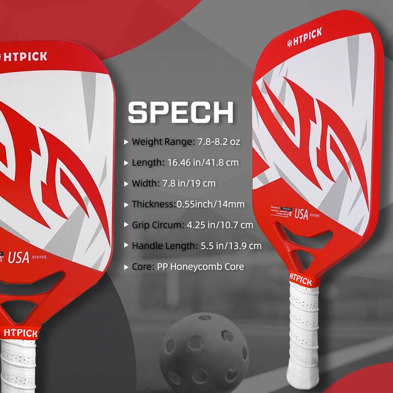 Sure, here is the corrected and grouped text:

---

**HTPICK**

**SPECH**

- Weight Range: 7.8-8.2 oz
- Length: 16.46 in/41.8 cm
- Width: 7.8 in/19 cm
- Thickness: 0.55 inch/14 mm
- Grip Circumference: 4.25 in/10.7 cm
- Handle Length: 5.5 in/13.9 cm
- Core: PP Honeycomb Core

**USA**

---

This text is organized and corrected based on the image provided.