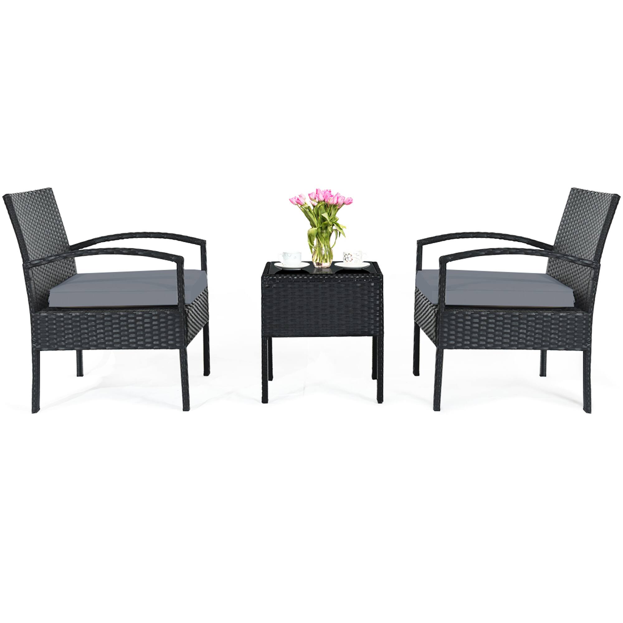 Alt View 8. Gymax - Gymax 3PCS Patio Rattan Conversation Furniture Set Outdoor Yard w/ Grey Cushions - Black.