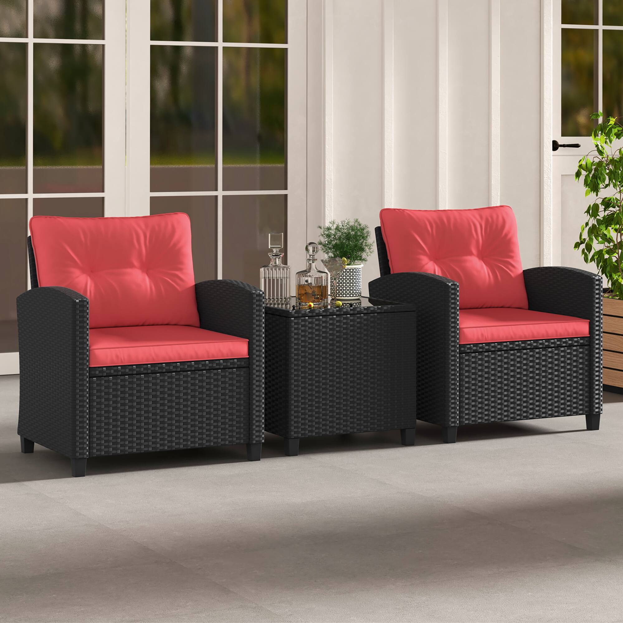 Alt View 4. Gymax - Gymax 3 PCS Patio Furniture Set w/Tempered Glass Coffee Table Washable Cushions Red - Red.