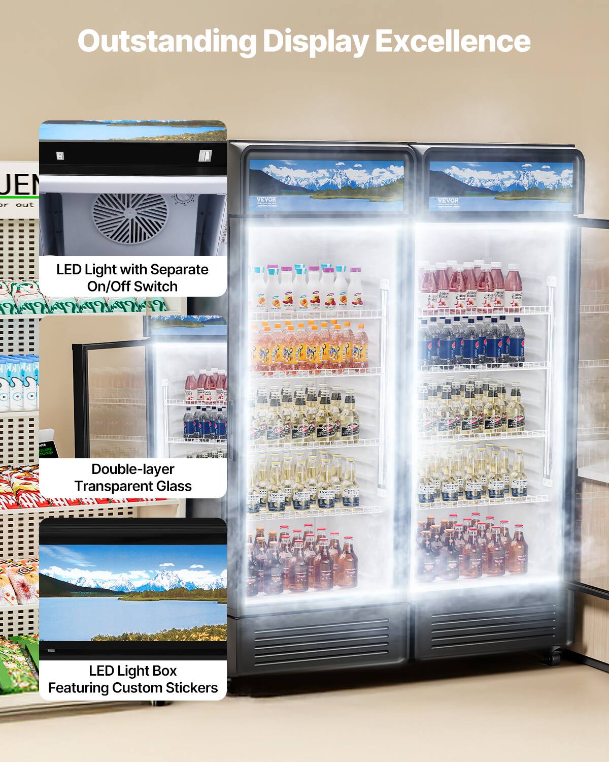 Outstanding Display Excellence
LED Light with Separate On/Off Switch
Double-layer Transparent Glass
LED Light Box Featuring Custom Stickers