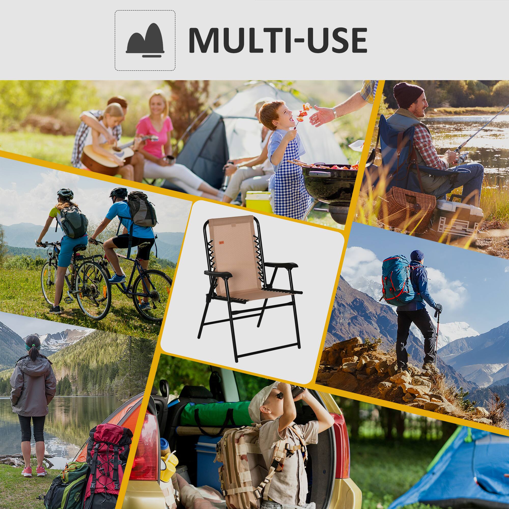 Alt View 5. Outsunny - Folding Chair, Outdoor Bungee Sling Chair w/ Armrests, Portable Lawn Chair for Camping - Beige.