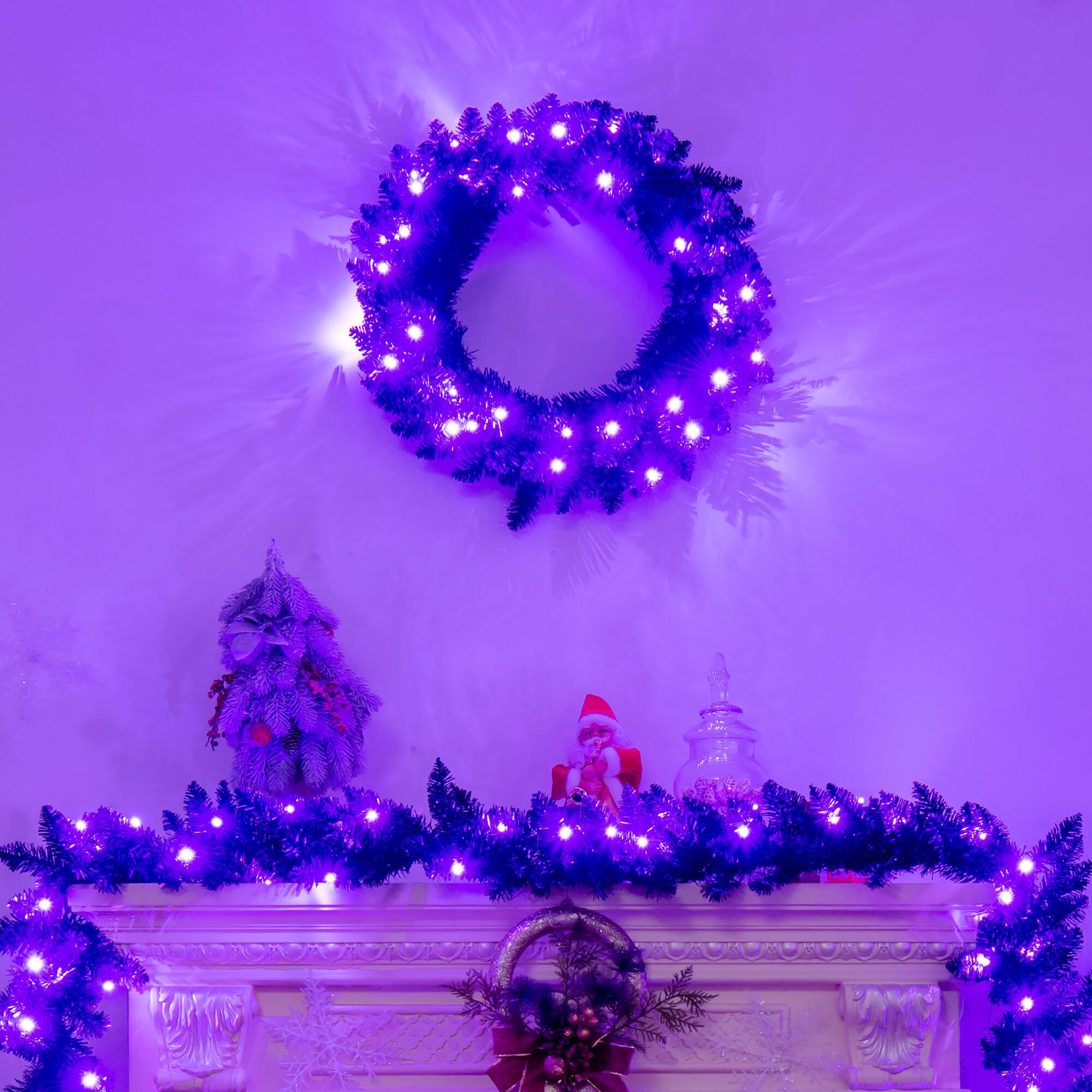 Alt View 19. Costway - 24inch Pre-lit Christmas Halloween Wreath w/ 35 Purple LED Lights - Black.