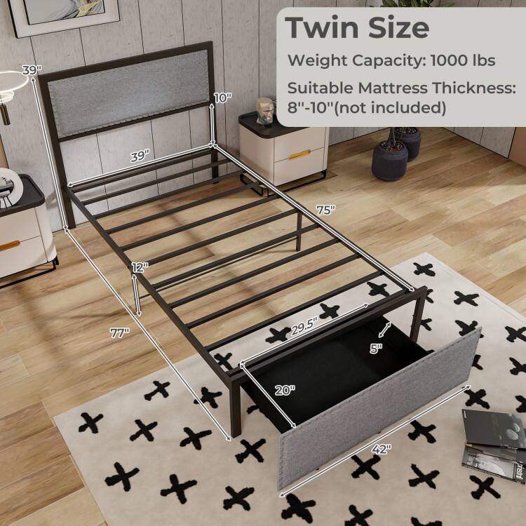 Twin Size  
Weight Capacity: 1000 lbs  
Suitable Mattress Thickness: 8"-10" (not included)  

Dimensions:  
- 39" x 75"  
- 39" x 77"  
- 29.5" x 20"  
- 42"