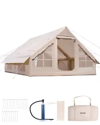 Front. VEVOR - Inflatable Tents, 5-8 Person Easy Setup Blow up Tent with Hand Pump, 300D Oxford Glamping Tent with Stove Jack 2 Doors - Beige.