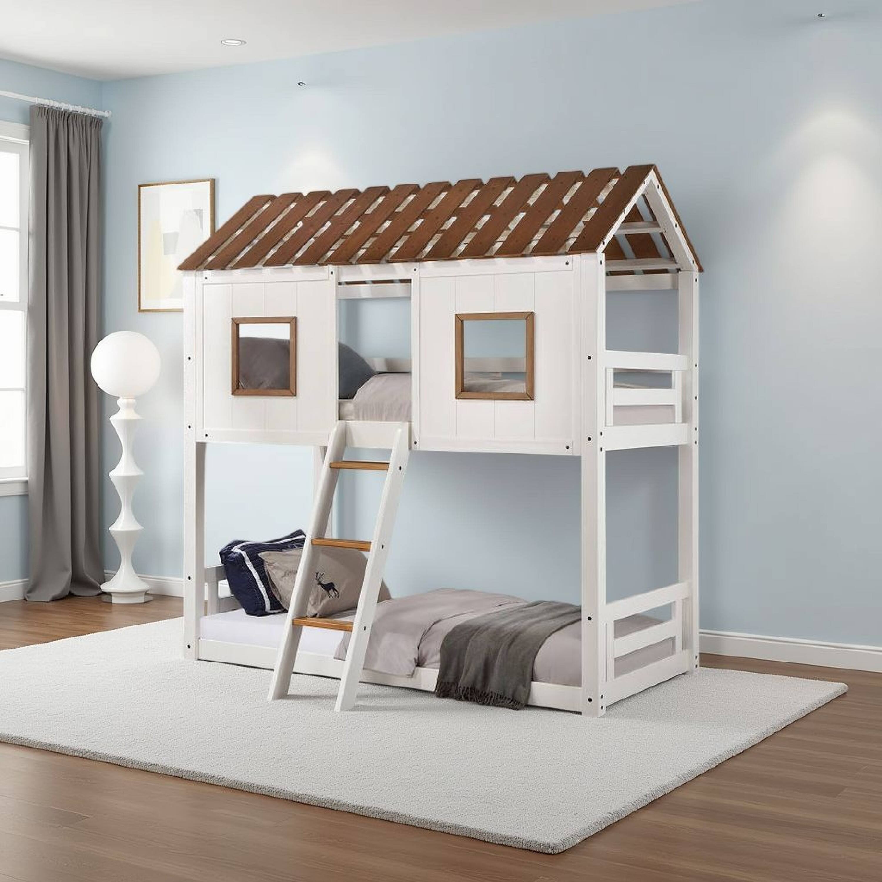 Alt View 6. Manhattan Lane - Nara Twin Size Bunk Bed, House Design with Ladder, White Rustic Wood - White, Oak Brown.