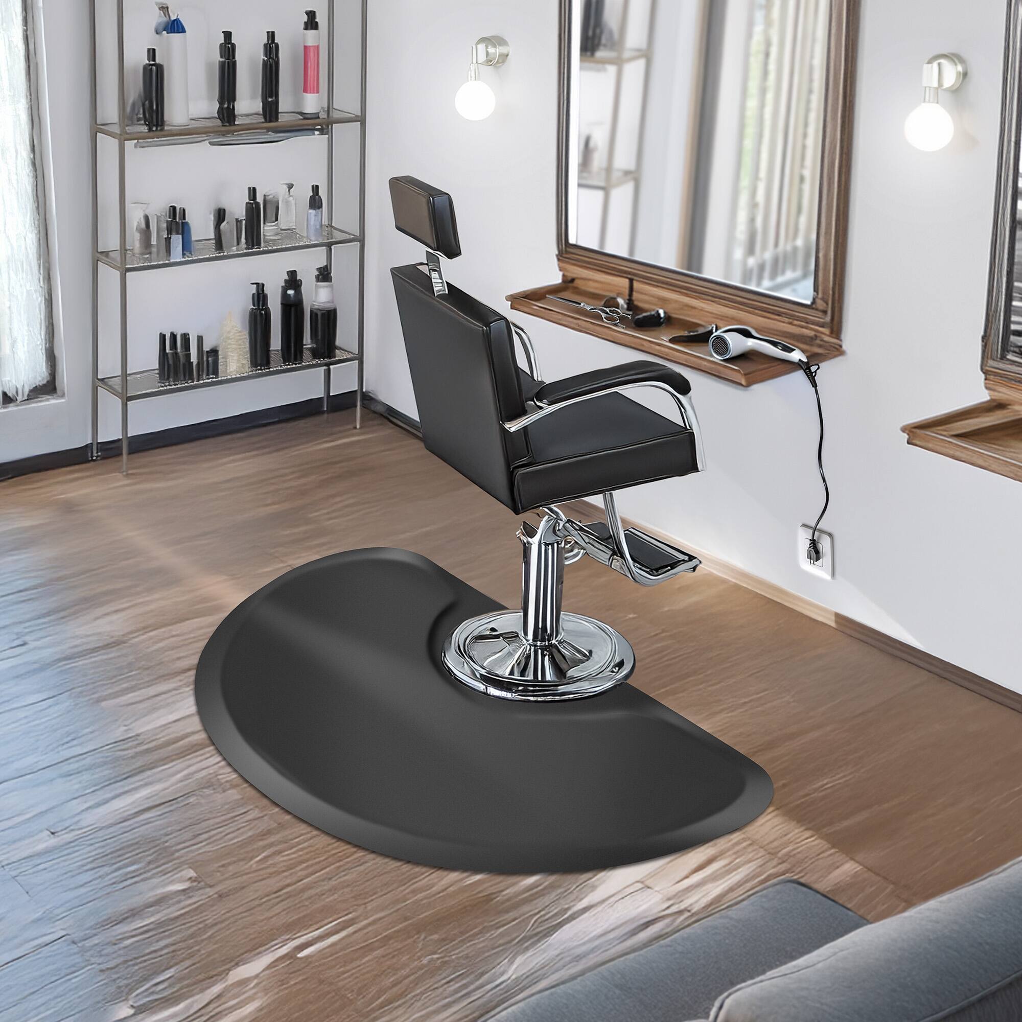 Alt View 6. Saloniture - Salon and Barber Shop Chair Anti-Fatigue Floor Mat - Black Semi Circle - Black.