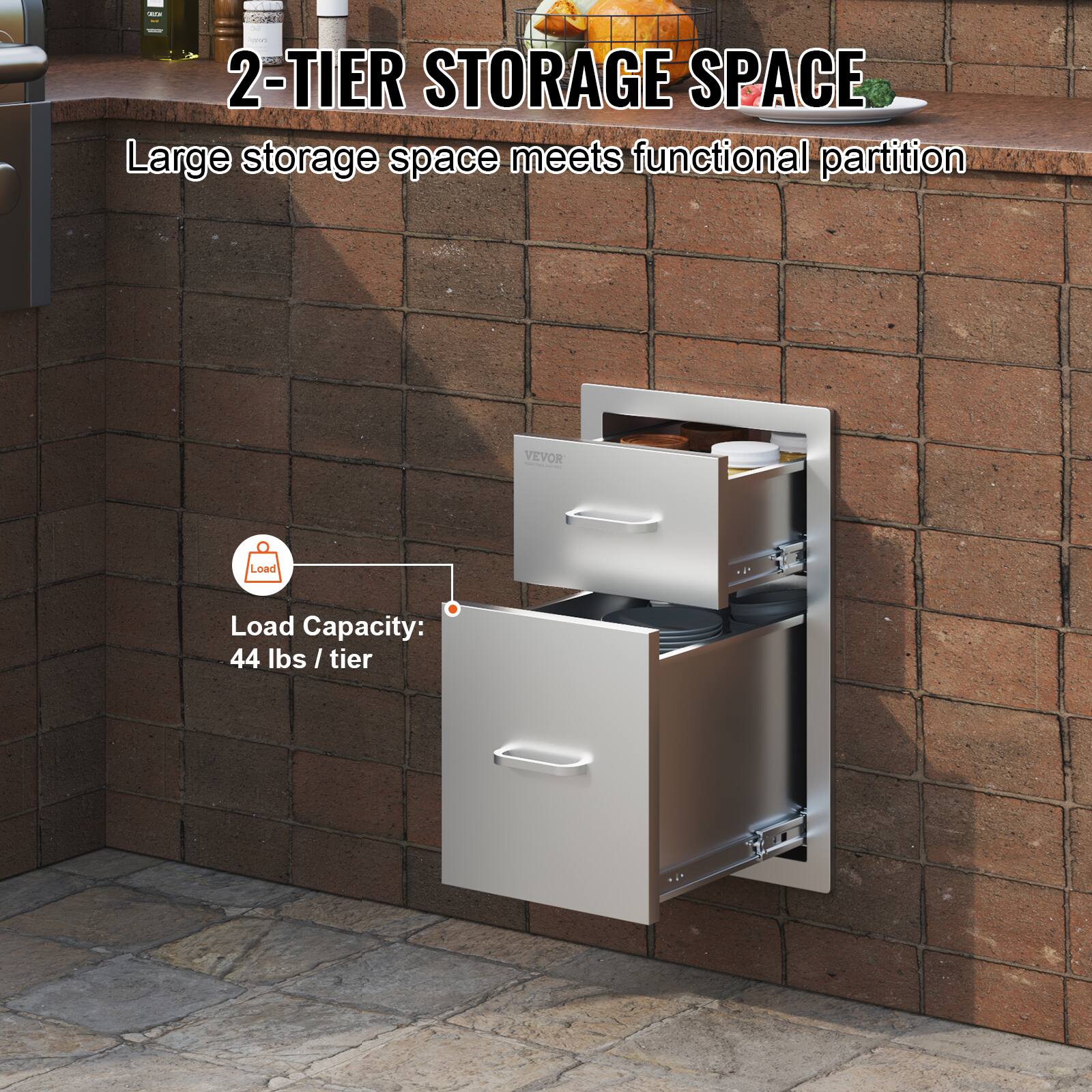 2-TIER STORAGE SPACE  
Large storage space meets functional partition  

Load Capacity:  
44 lbs / tier