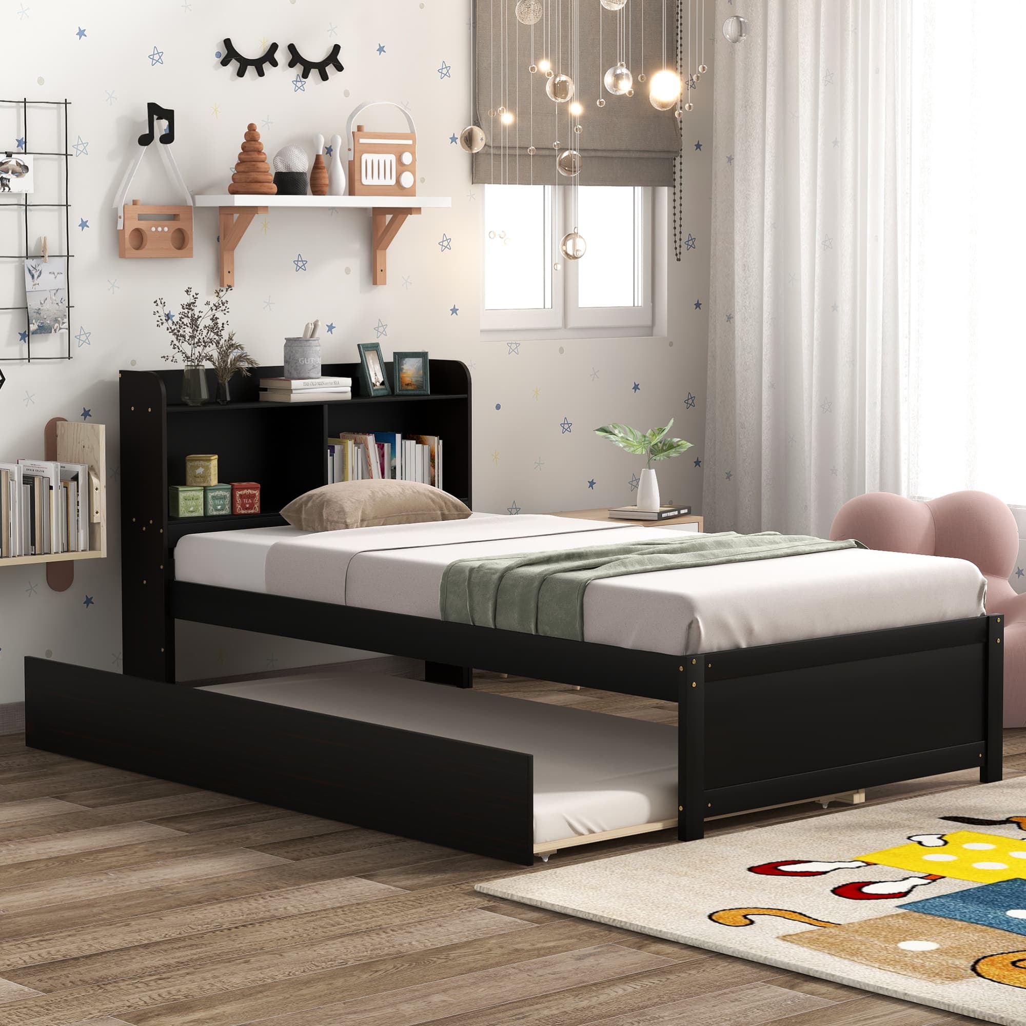 GOODSILO - Space-Saving Twin Bed with Pull-Out Trundle and Built-In Bookcase Headboard for Compact Bedrooms - Espresso