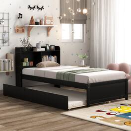 GOODSILO - Space-Saving Twin Bed with Pull-Out Trundle and Built-In Bookcase Headboard for Compact Bedrooms - Espresso