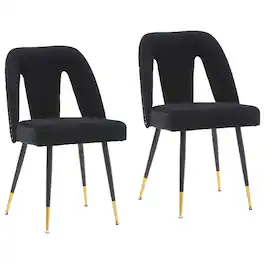 Glintex - Contemporary Velvet Upholstered Dining Chair , Nailheads and Gold Tipped Metal Legs,Set of 2 - Black