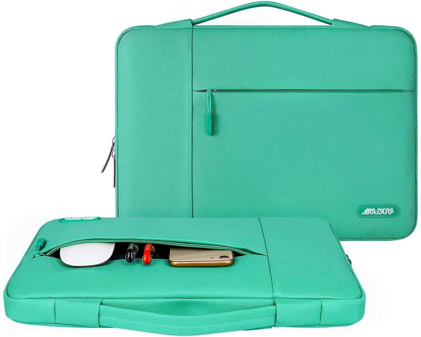 Angle. mosiso - 13.3-inch Slim Laptop Sleeve with Handle, Shock-Resistant Bubble Foam, Two Exterior Pockets - Biscay Green.