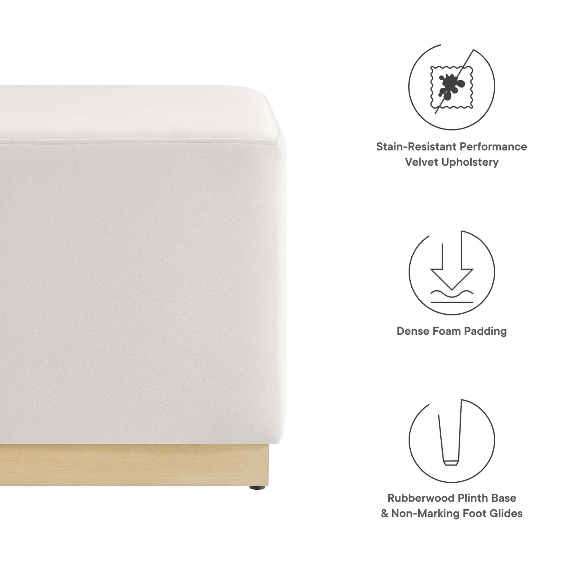 - Stain-Resistant Performance Velvet Upholstery
- Dense Foam Padding
- Rubberwood Plinth Base & Non-Marking Foot Glides