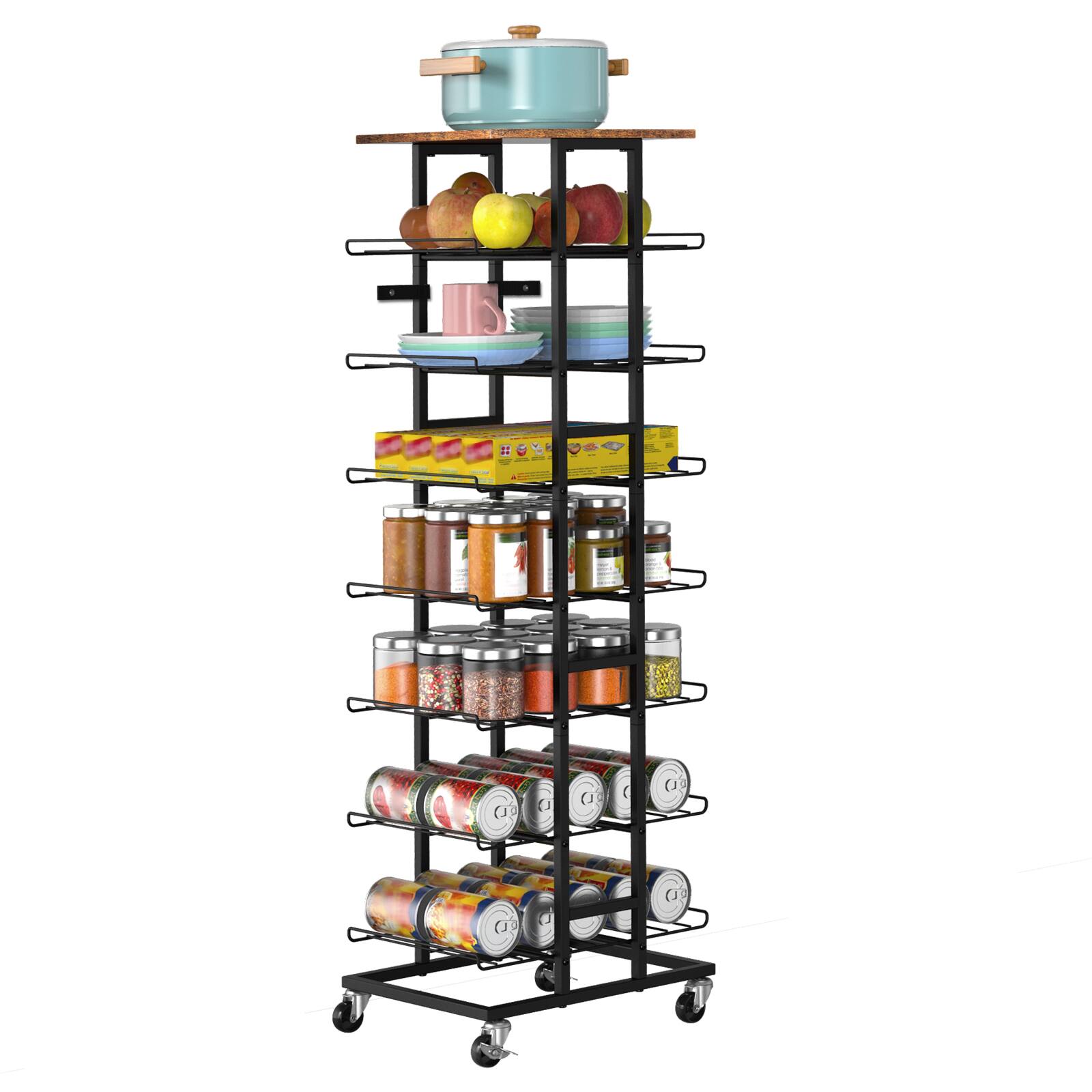 Alt View 1. Oumilen - 7-Tier Rolling Water Bottle Rack with Rustic Wood Top - Brown.