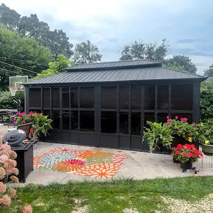 Front. PURPLE LEAF - Sunroom Outdoor Hardtop Gazebo Gray Aluminum Frame Galvanized Steel Double Roof All-Weather Screen House - 12' X 20'.