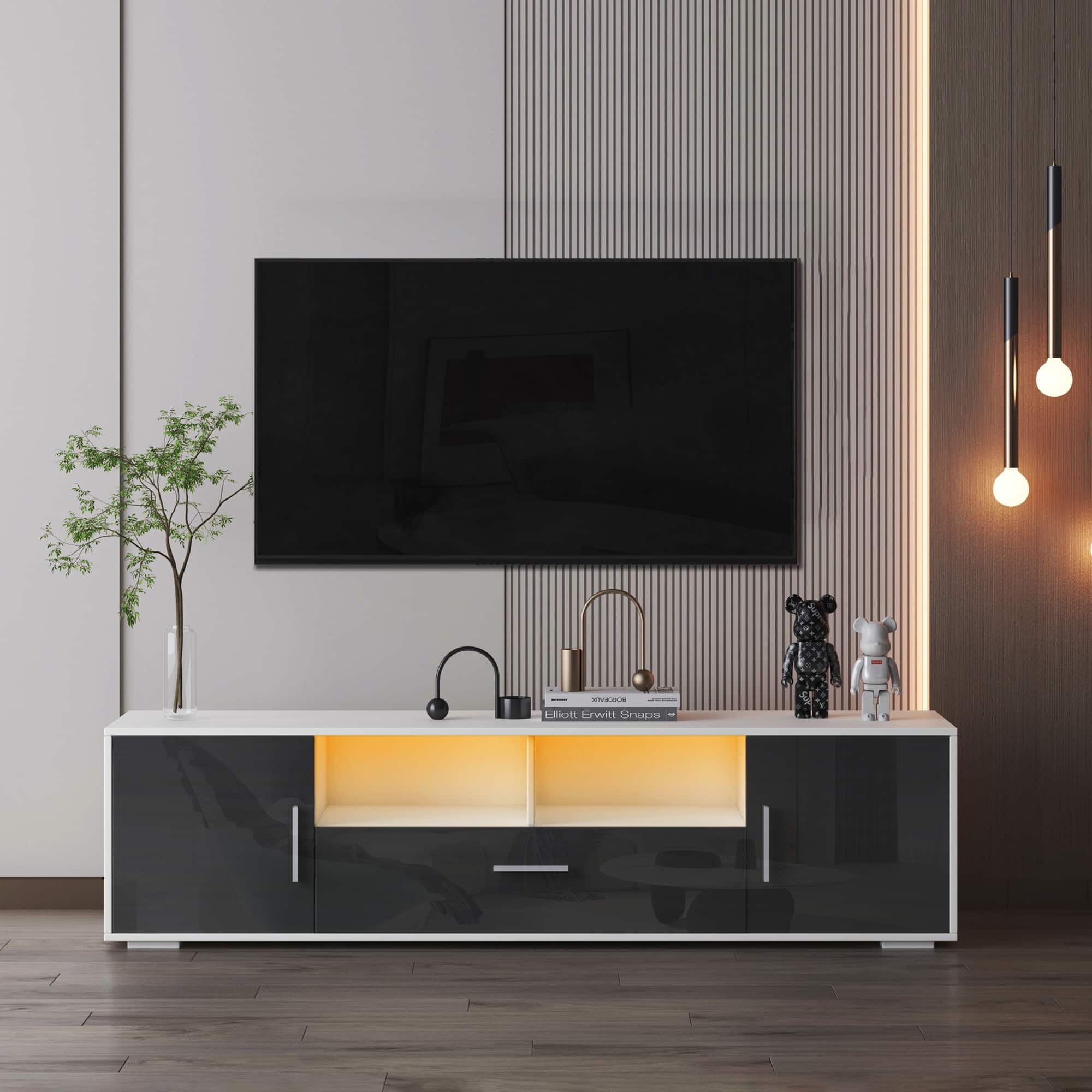 Spaco - Modern TV Stand with LED Lights and Storage Cabinets, Entertainment Center for Living Room Bedroom TV Console - Gray