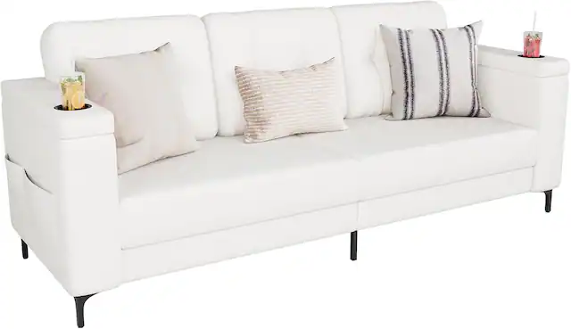 Front. Acekool - 84-Inch Teddy Fleece Sofa with Storage Armrests, Cup Holders & Side Pockets, Comfy Couch for Living Room, White - White.