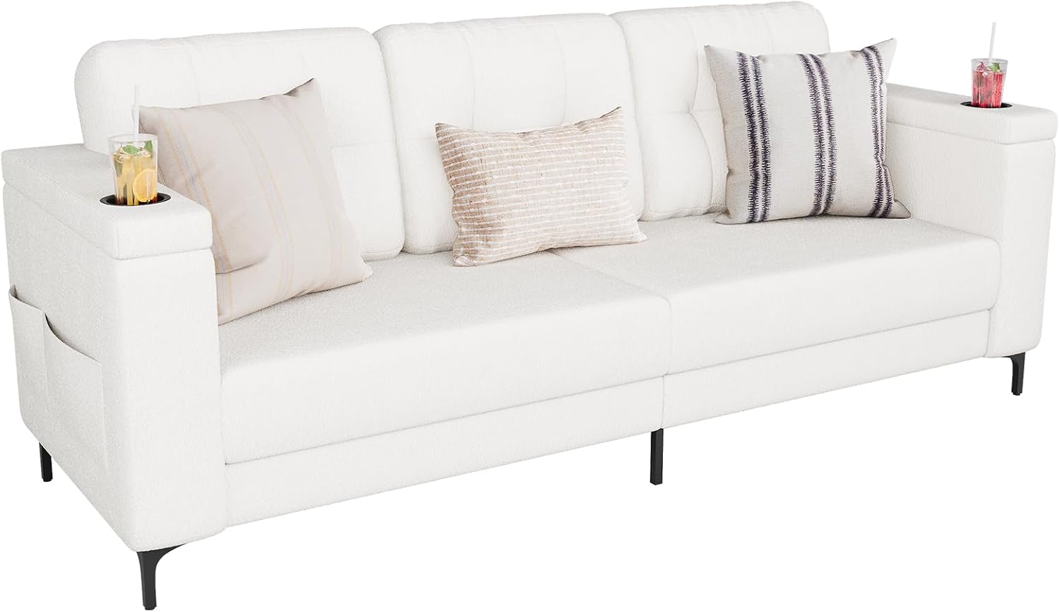 Front. Acekool - 84-Inch Teddy Fleece Sofa with Storage Armrests, Cup Holders & Side Pockets, Comfy Couch for Living Room, White - White.