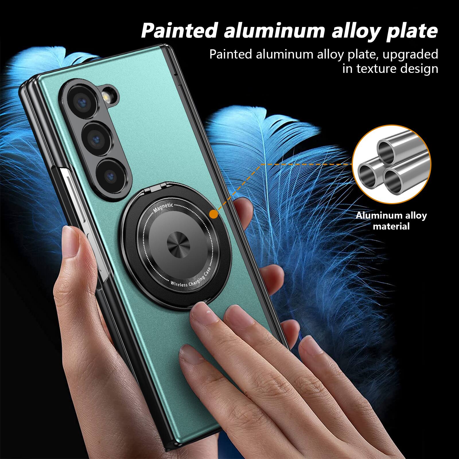 Painted aluminum alloy plate, upgraded in texture design  
Magnetic Aluminum alloy material  
Case Wireless Charging