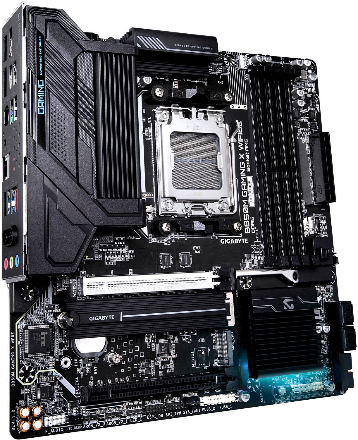 The image features a close-up of a Gigabyte motherboard, which is a type of computer hardware. The motherboard is designed for gaming and has a socket for the CPU. The motherboard is black and has a Gigabyte logo on it. The image also shows a CPU and a heatsink, which are essential components for a computer system.