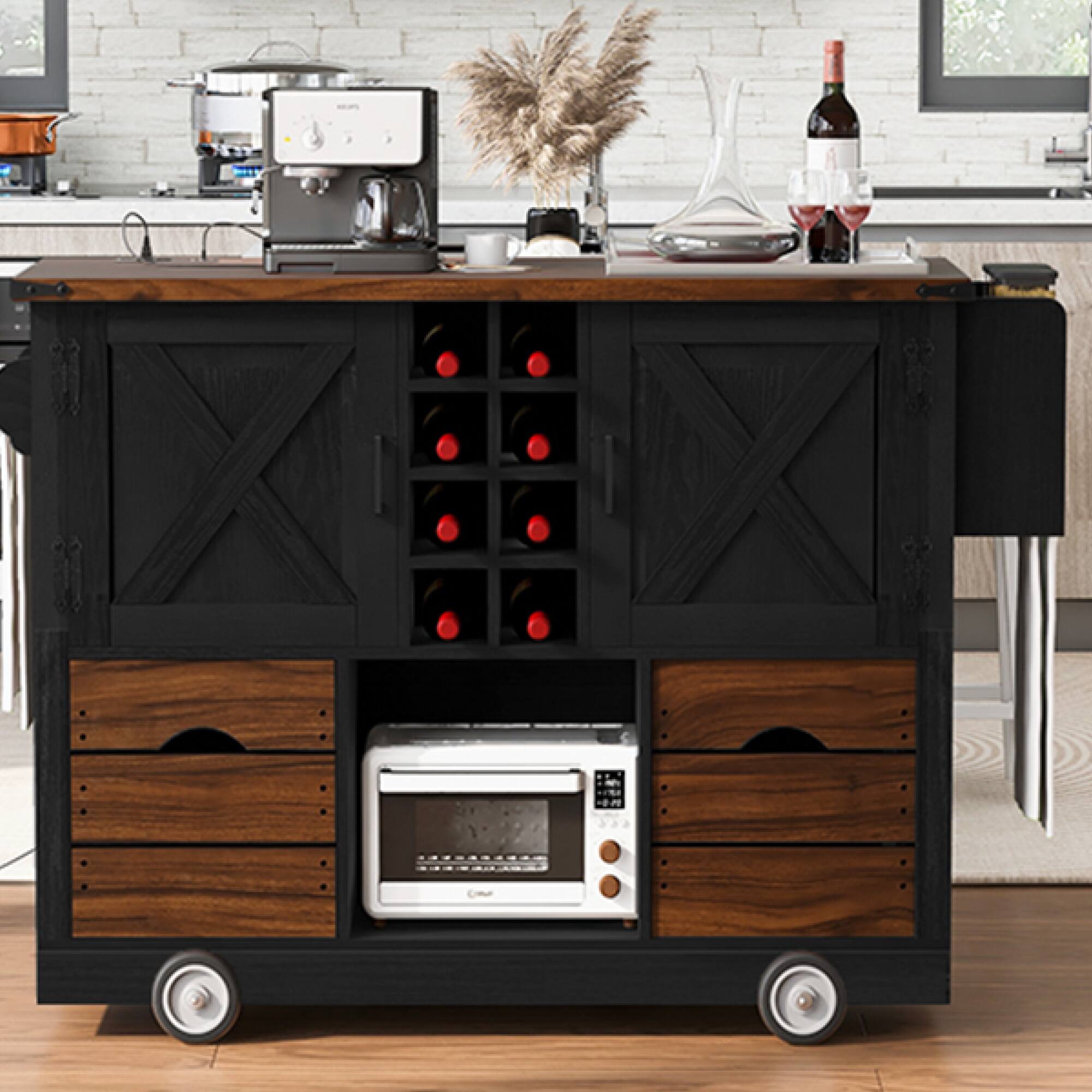 Back. ELEMENT ACE - Farmhouse Kitchen Island with Drop Leaf, Power Outlet, Storage Cart and Wheels - Black.