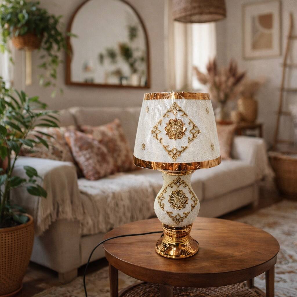 Front. FC Design - 20.5"H White Vase w/ Gold Accents & Ornate Floral Shade Table Lamp.