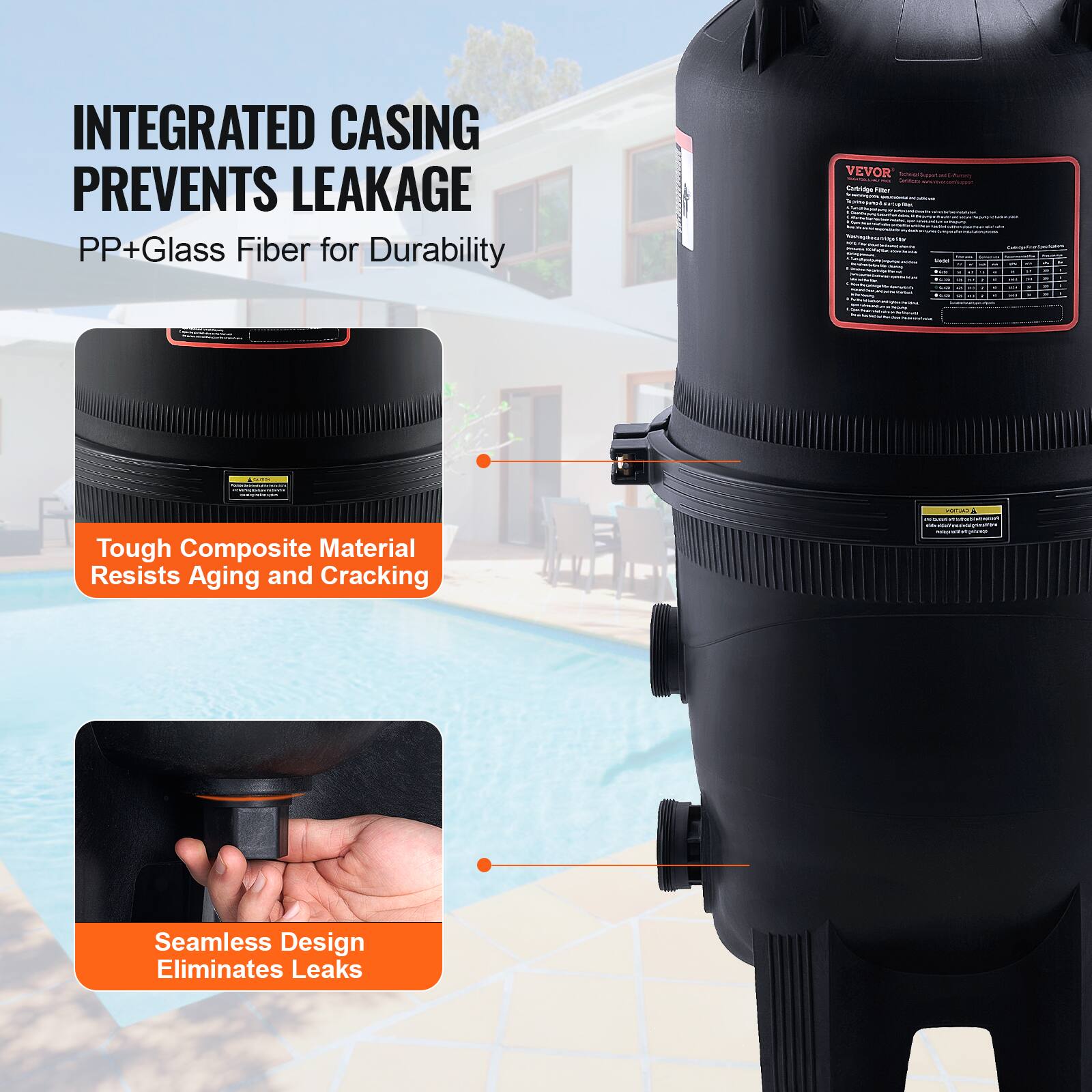 INTEGRATED CASING PREVENTS LEAKAGE  
PP+Glass Fiber for Durability  

Tough Composite Material Resists Aging and Cracking  

Seamless Design Eliminates Leaks