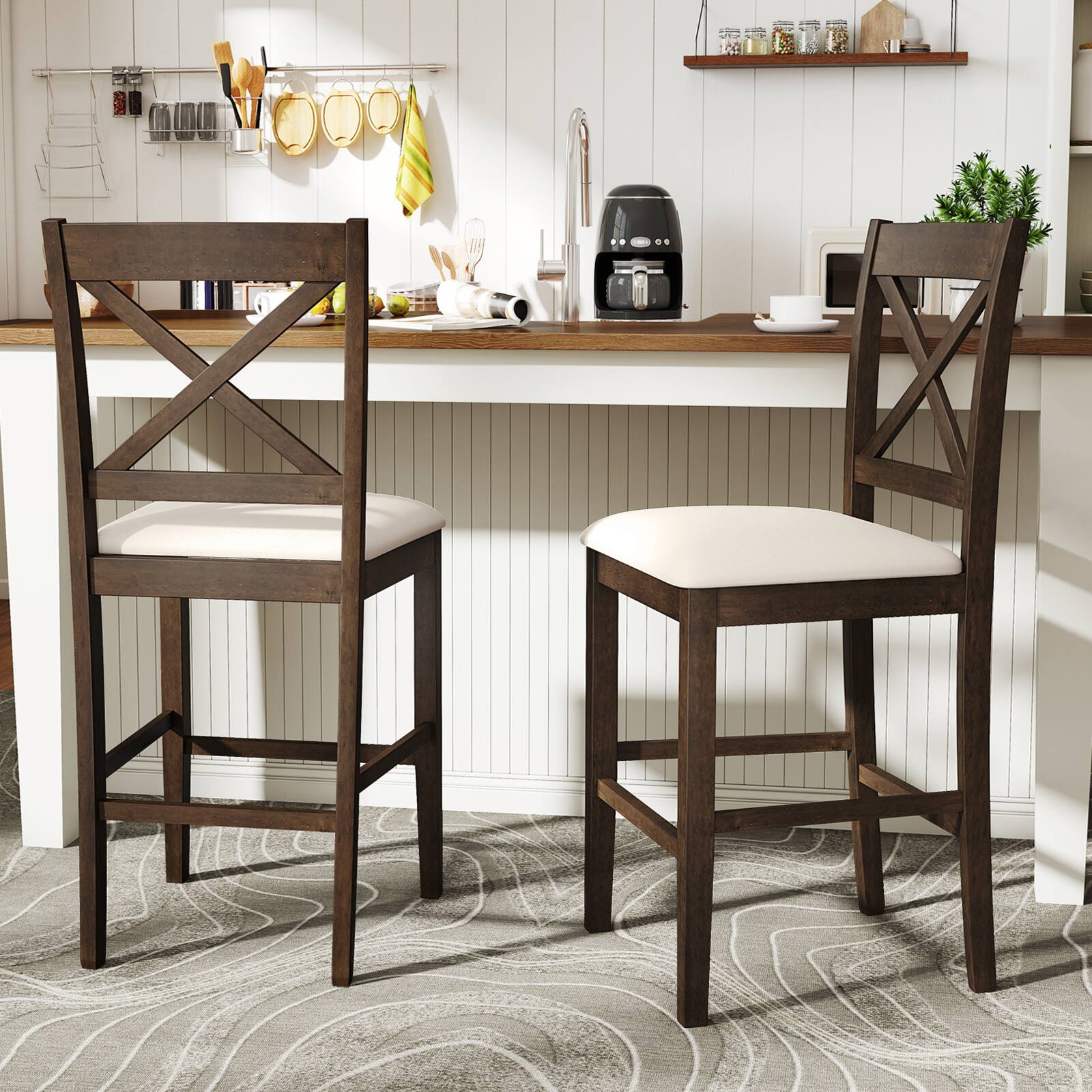 Alt View 3. Costway - Costway Rubber Wood X-Back Bar Stools Set of 2 with Upholstered Cushioned Seats & Footrests - Dark Brown, Cream.