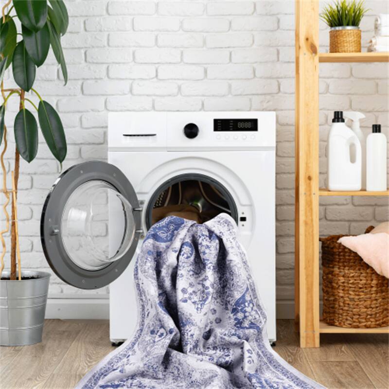 Back. HTUTWOO - Washable Rug 5x8 - Chenille Area Rug,Machine Washable, Non-Slip TPR Backing,Low Pile 0.14" for Living Room,Kids Friendly - Blue.