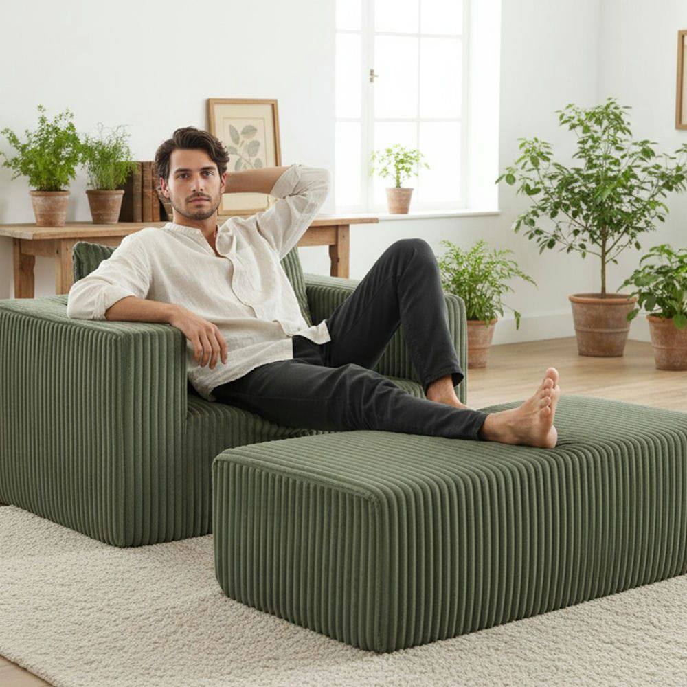 Alt View 9. Kadyn - Oversized All-Foam Corduroy Lounge Chair with Ottoman, Modular Floor Couch, Compressed & Easy Assembly - Green.