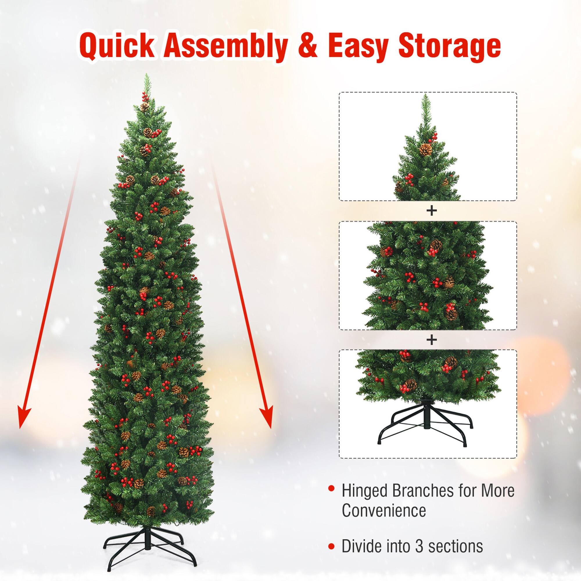 Quick Assembly & Easy Storage

- Hinged Branches for More Convenience
- Divide into 3 sections