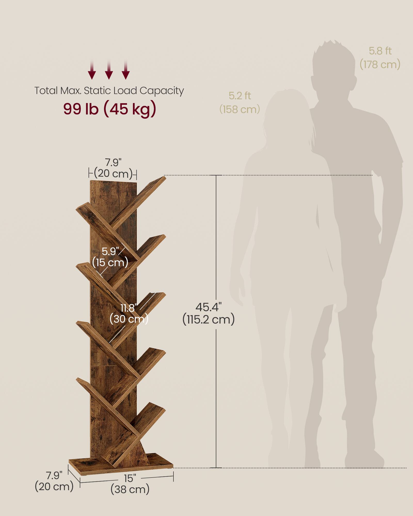 5.8 ft (178 cm)  
Total Max. Static Load Capacity: 99 lb (45 kg)  
5.2 ft (158 cm)  
7.9" (20 cm)  
5.9" (15 cm)  
11.8" (30 cm)  
45.4" (115.2 cm)  
7.9" (20 cm)  
15" (38 cm)