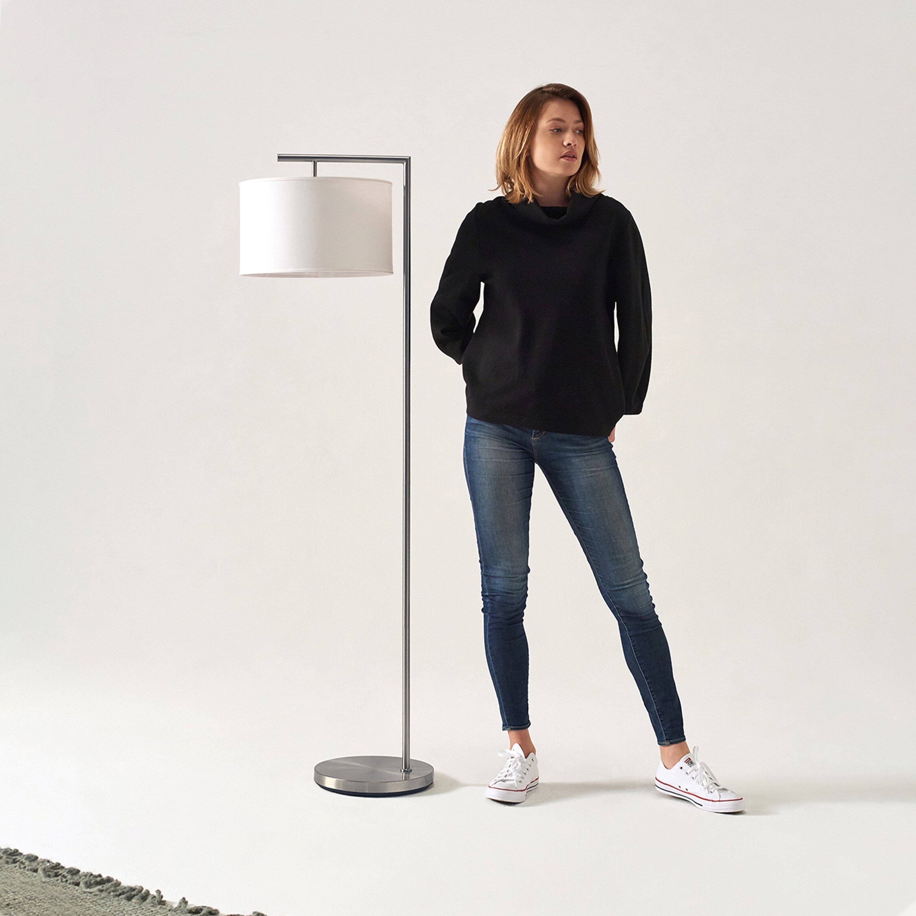Alt View 1. Brightech - Montage Modern LED Midcentury Modern Arc Super Bright Floor Lamp with Ivory White Fabric Drum Shade - Brushed Satin Nickel.