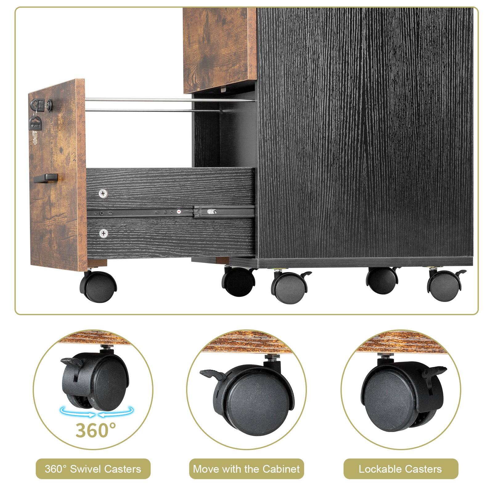 Alt View 4. Winado - 2-Drawer Small Rolling File Cabinet with Lock fits Letter/Legal/A4 Size Office - Rustic Brown & Black.