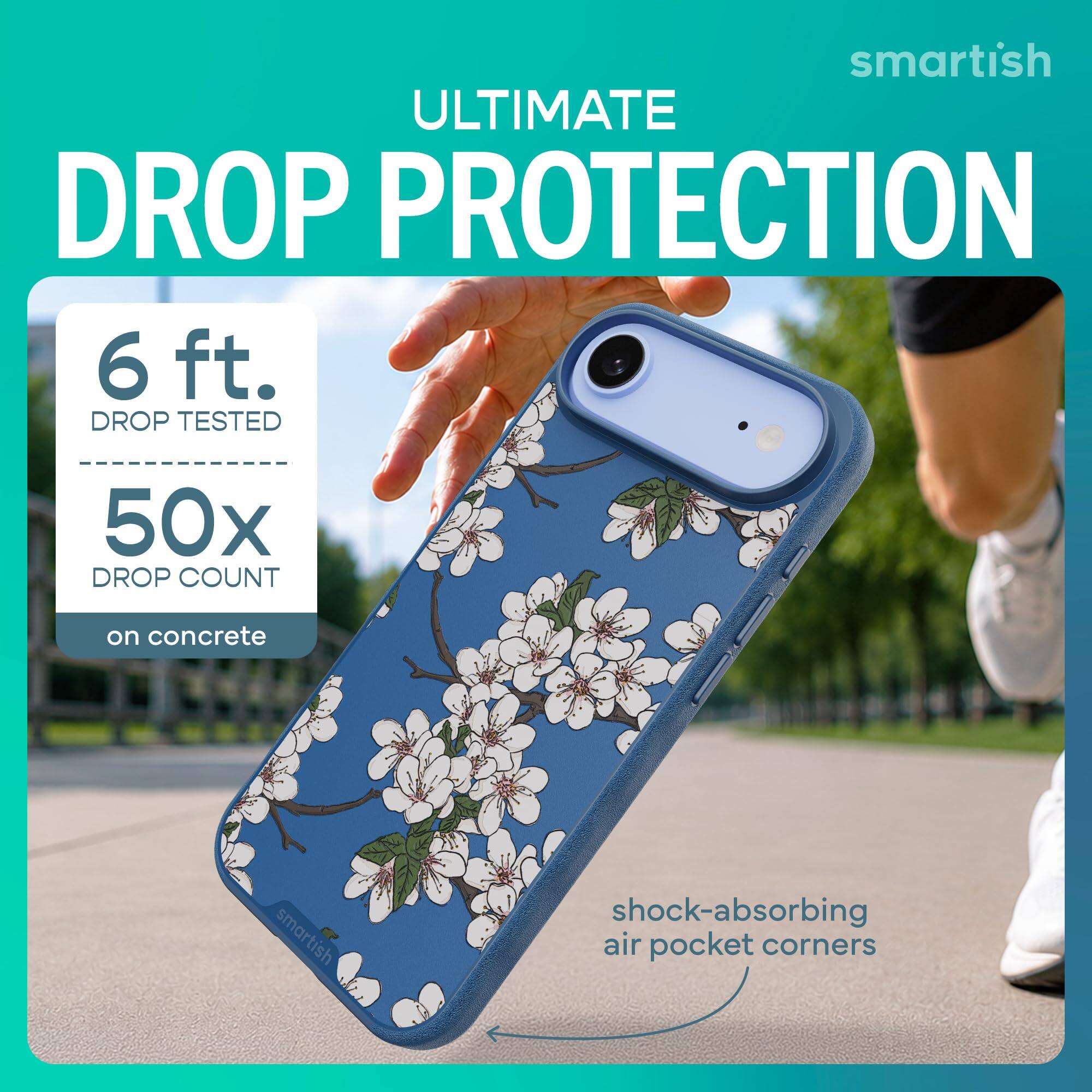 smartish ULTIMATE DROP PROTECTION  
6 ft. DROP TESTED  
50x DROP COUNT  
on concrete  
smartish  
shock-absorbing air pocket corners