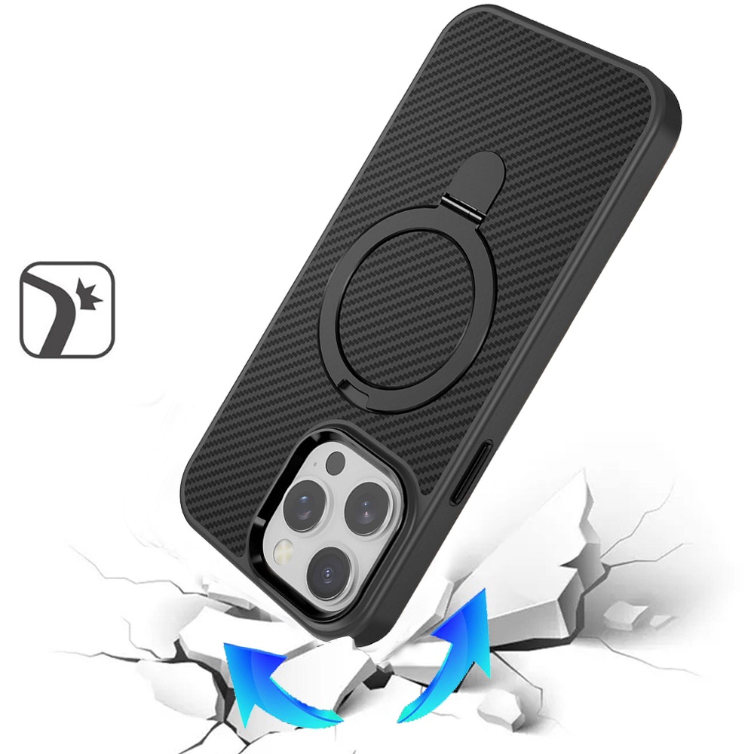 Angle. Kitcheniva - Carbon Fiber Magnetic Ring Stand Case For iPhone 14 Pro Max Black - Black.