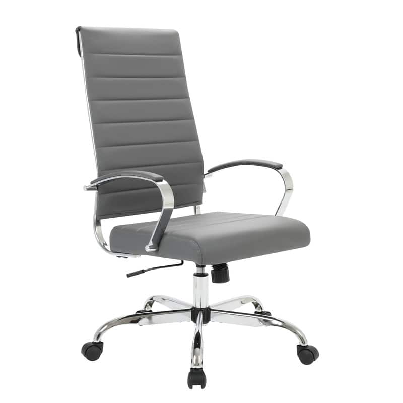 LeisureMod - Benmar Ergonomic Leather Office Chair with Ribbed Back, Adjustable Height, Tilt & 360° Swivel - Gray