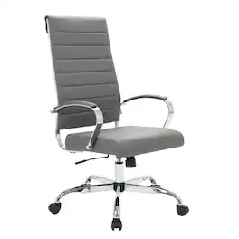 LeisureMod - Benmar Ergonomic Leather Office Chair with Ribbed Back, Adjustable Height, Tilt & 360° Swivel - Gray