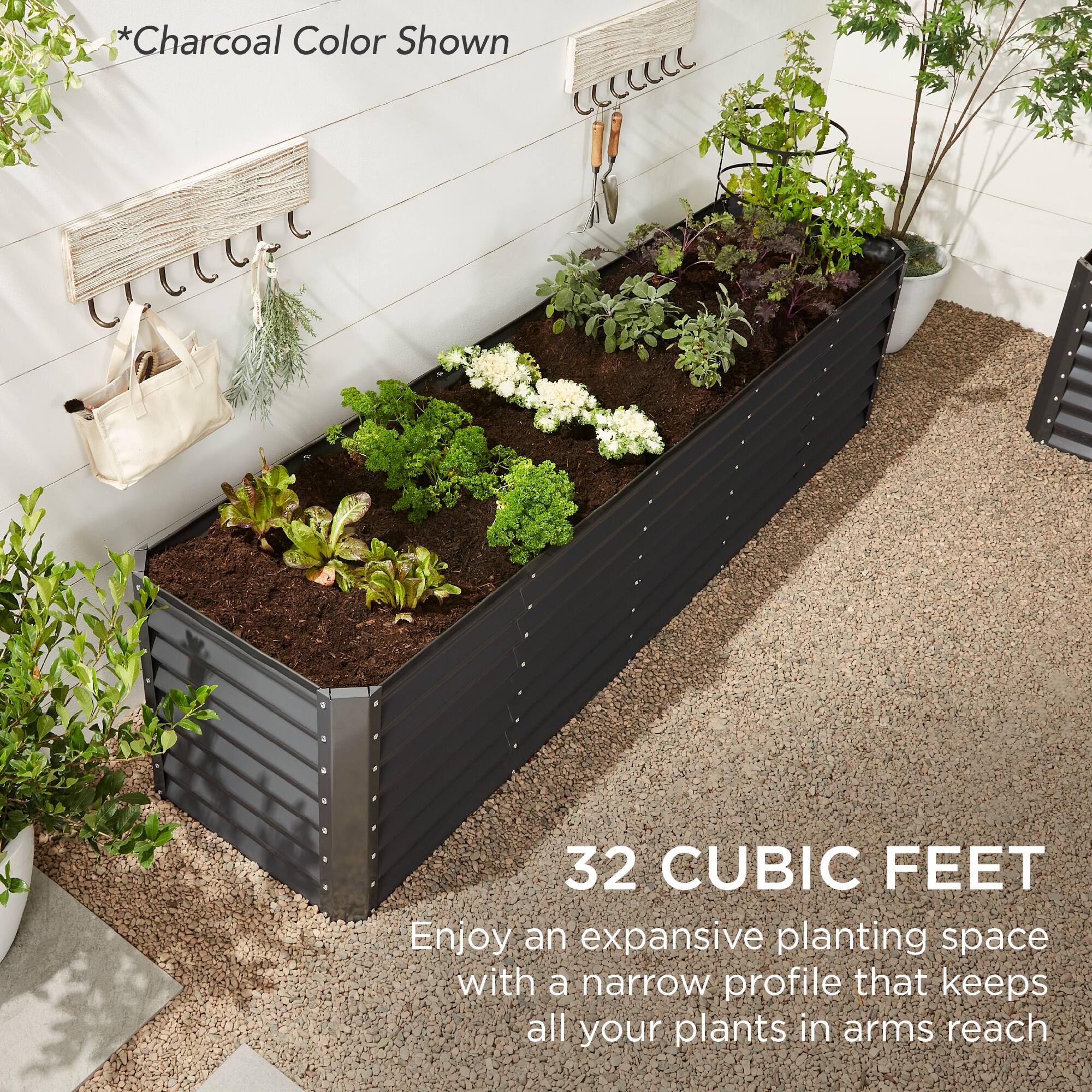 *Charcoal Color Shown

32 CUBIC FEET

Enjoy an expansive planting space with a narrow profile that keeps all your plants in arms reach