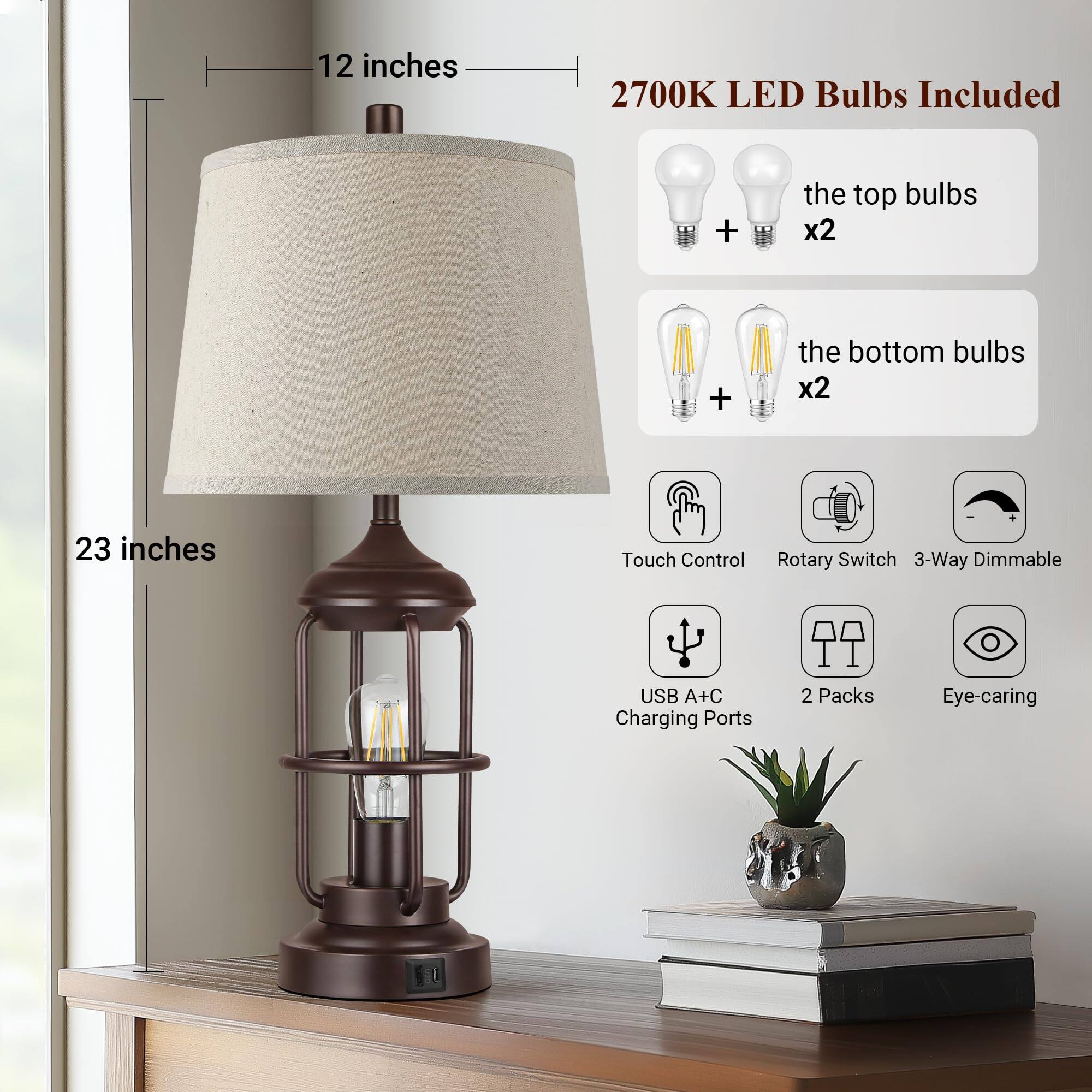 12 inches  
2700K LED Bulbs Included + the top bulbs x2 + the bottom bulbs x2  
23 inches  
Touch Control Rotary Switch  
3-Way Dimmable  
USB A+C Charging Ports  
2 Packs  
Eye-caring