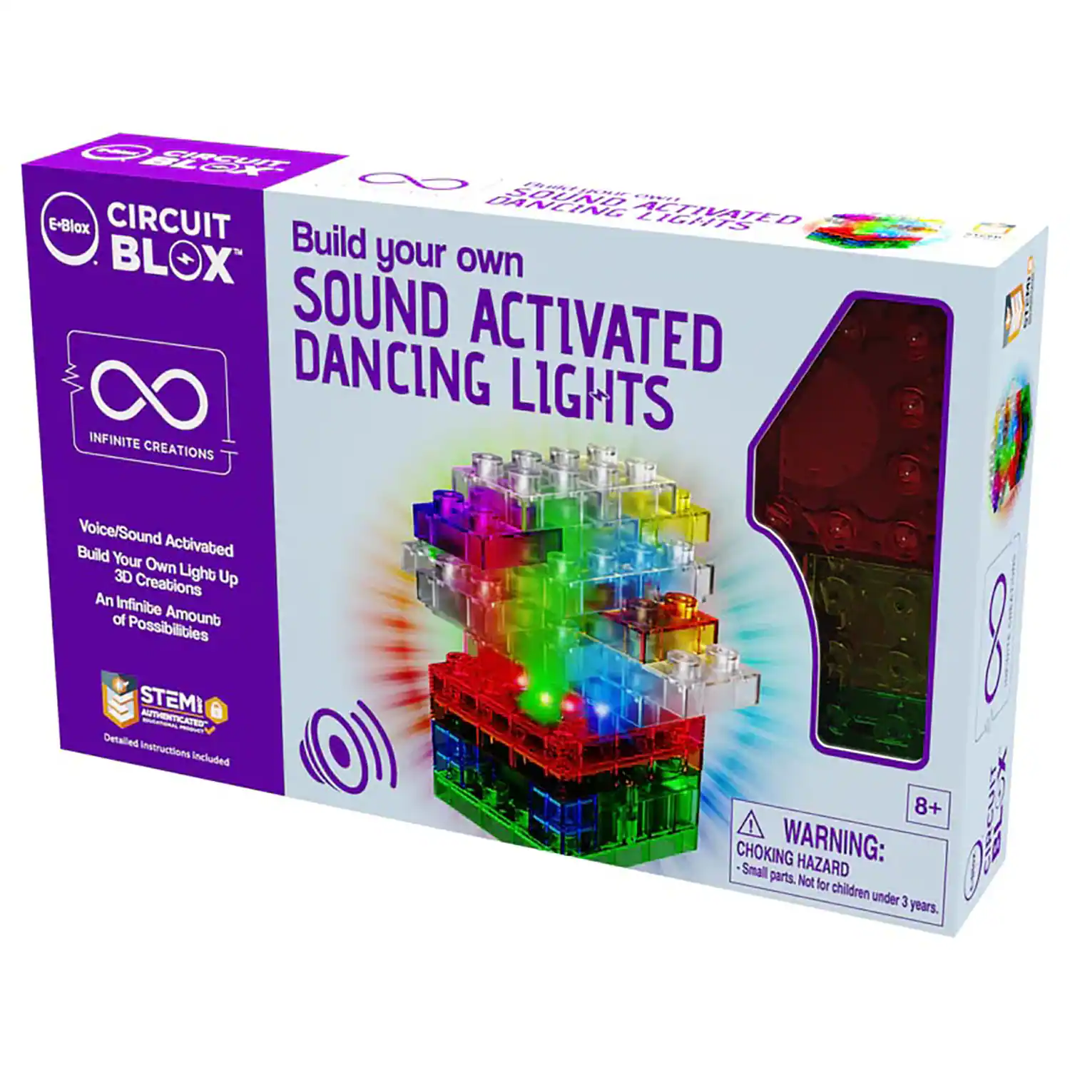 Circuit Blox Build Your Own Sound Activated Dancing Lights. Includes detailed instructions for building your own light 3D creations. Voice/Sound activated. Warning: Small parts. Not for children under 3 years.