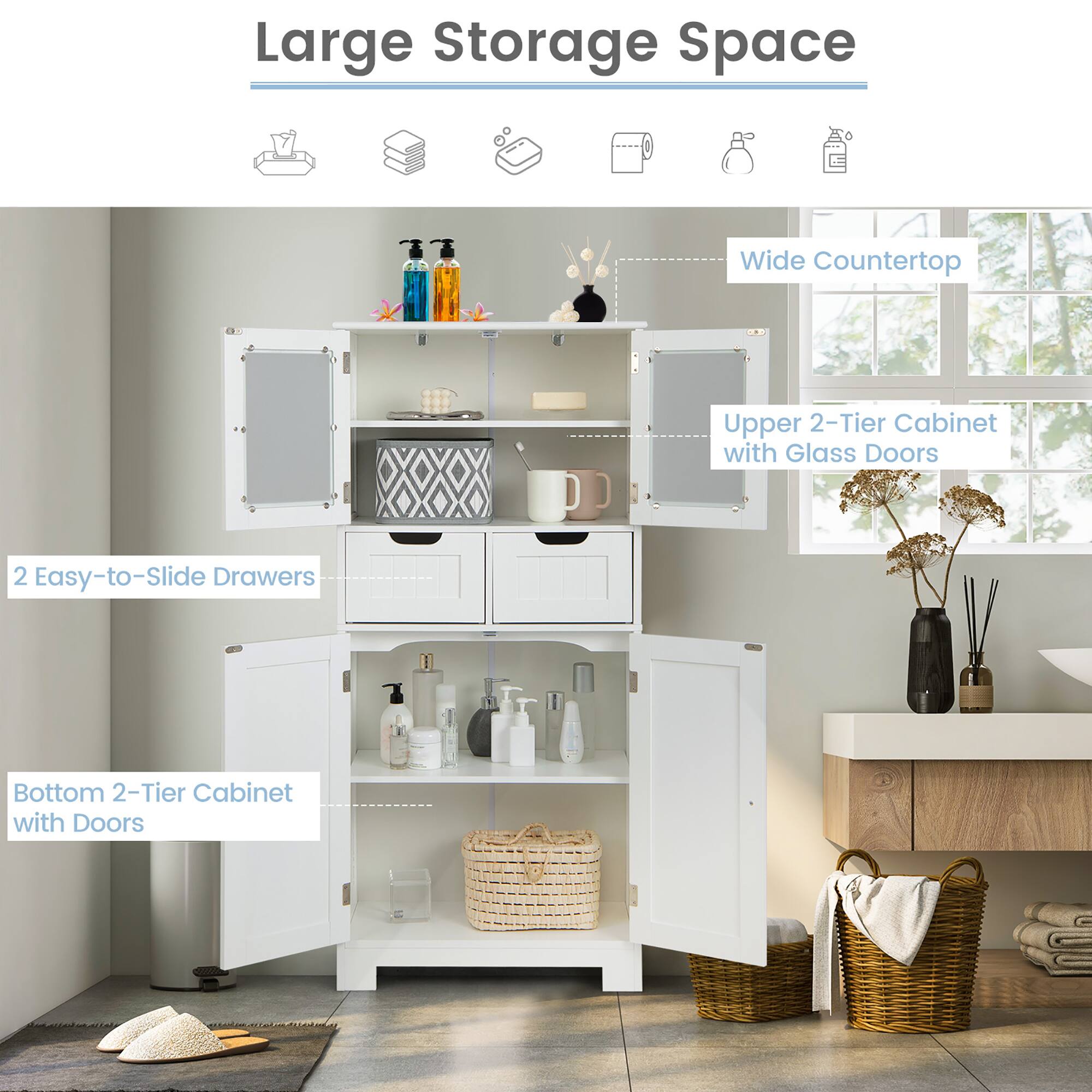 Large Storage Space  
Wide Countertop  
Upper 2-Tier Cabinet with Glass Doors  
2 Easy-to-Slide Drawers  
Bottom 2-Tier Cabinet with Doors