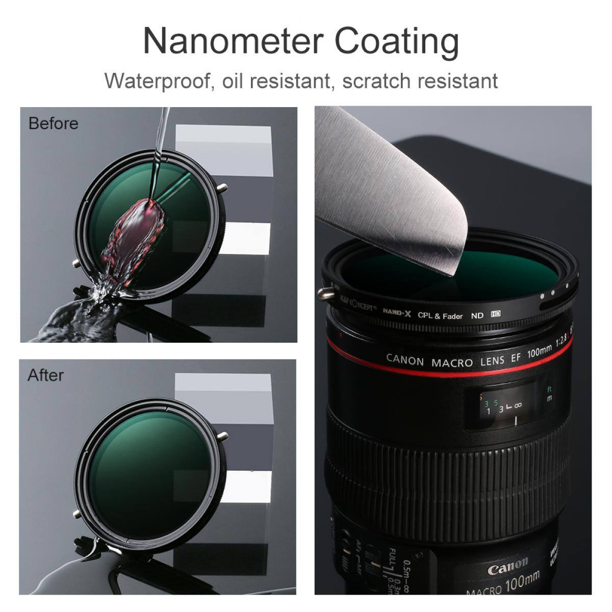 Nanometer Coating  
Waterproof, oil resistant, scratch resistant  

Before  
After  

TOYCET HAND-X x CPL & Fader ND II  

121 EF 100mm CANON MACRO LENS  

Canon MACRO 100mm  

0.5m-∞