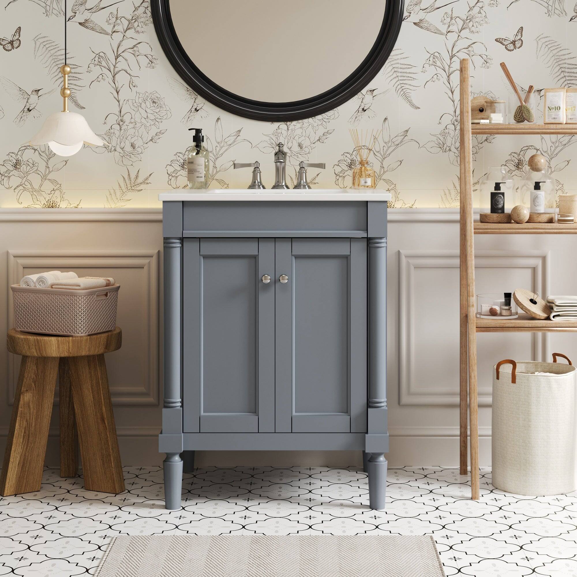 Alt View 1. Boyel Living - 24 Inch Bathroom Vanity Grey with Ceramic Sink Solid Wood Frame Double Door Storage - Gray.